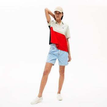 Lacoste Relaxed-Fit Lightweight Color-Block Piqué Polo - Polo Dámské Červené / Béžový / Tmavě Blanky